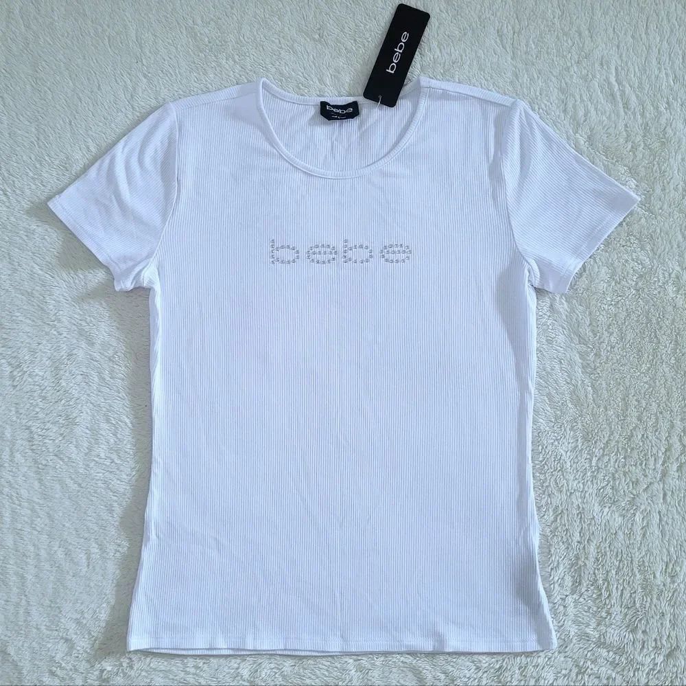bebe White Ribbed Top with Clear Rhinestones💎 - NWT